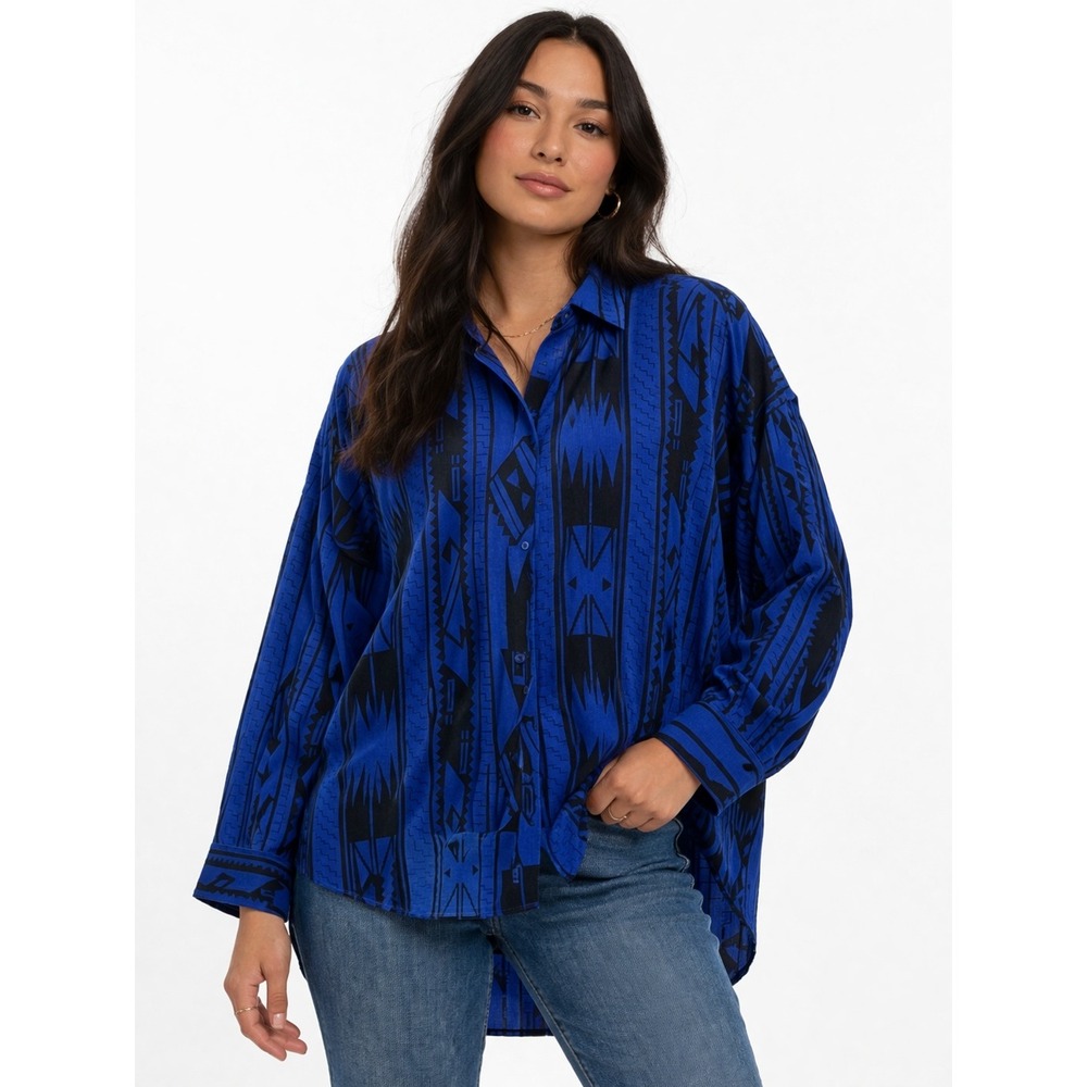 Amanda Uprichard Blue Black Abstract Silk Relaxed Fit High‎ Low Button Down XS